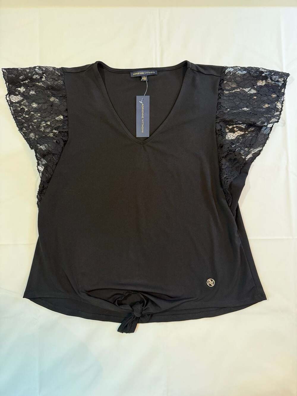 Adrienne Vittadini Women's Black V-Neck Top with Lace Flutter Sleeves and Front